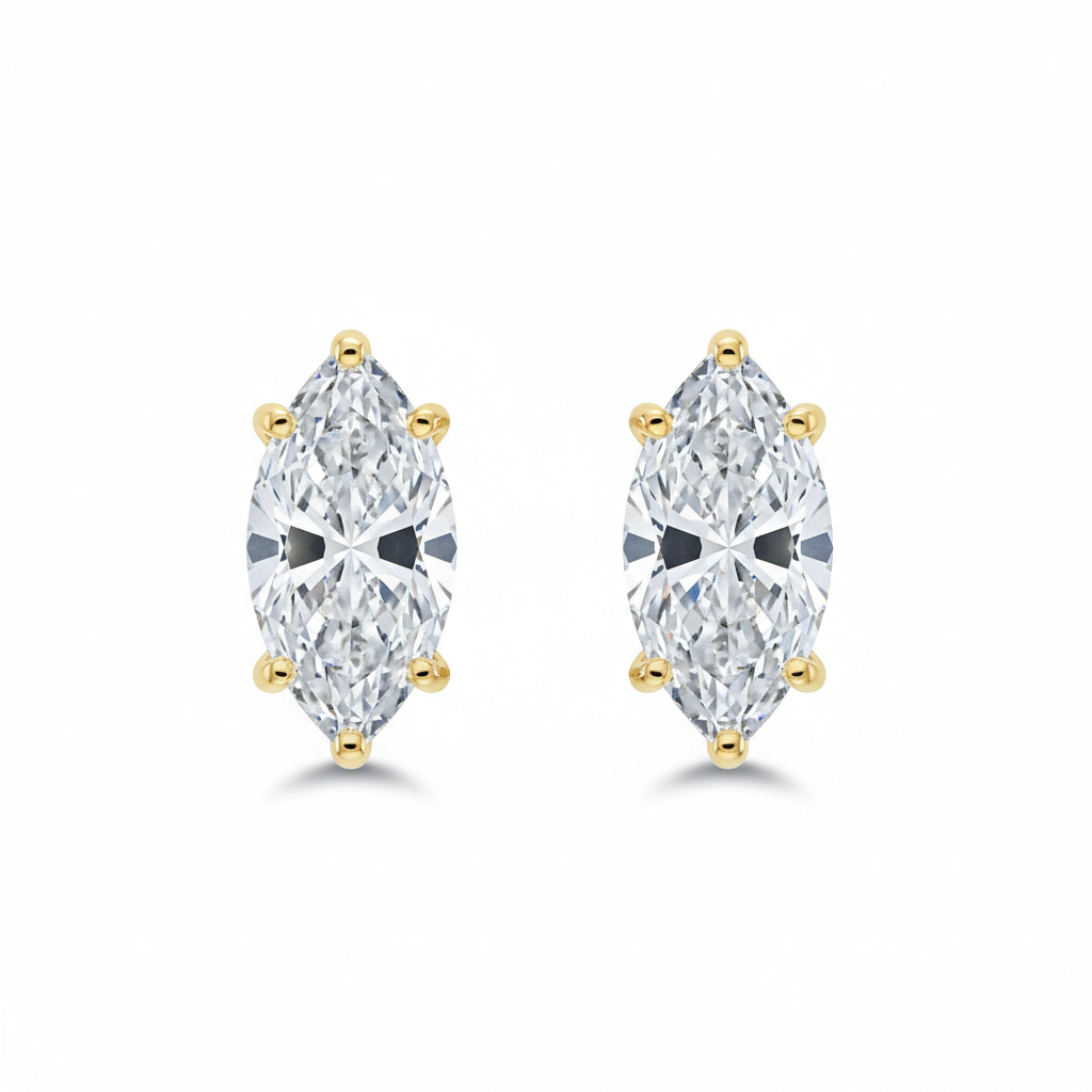14K Solid Gold Marquise Cut Lab Grown Diamond Stud Earrings