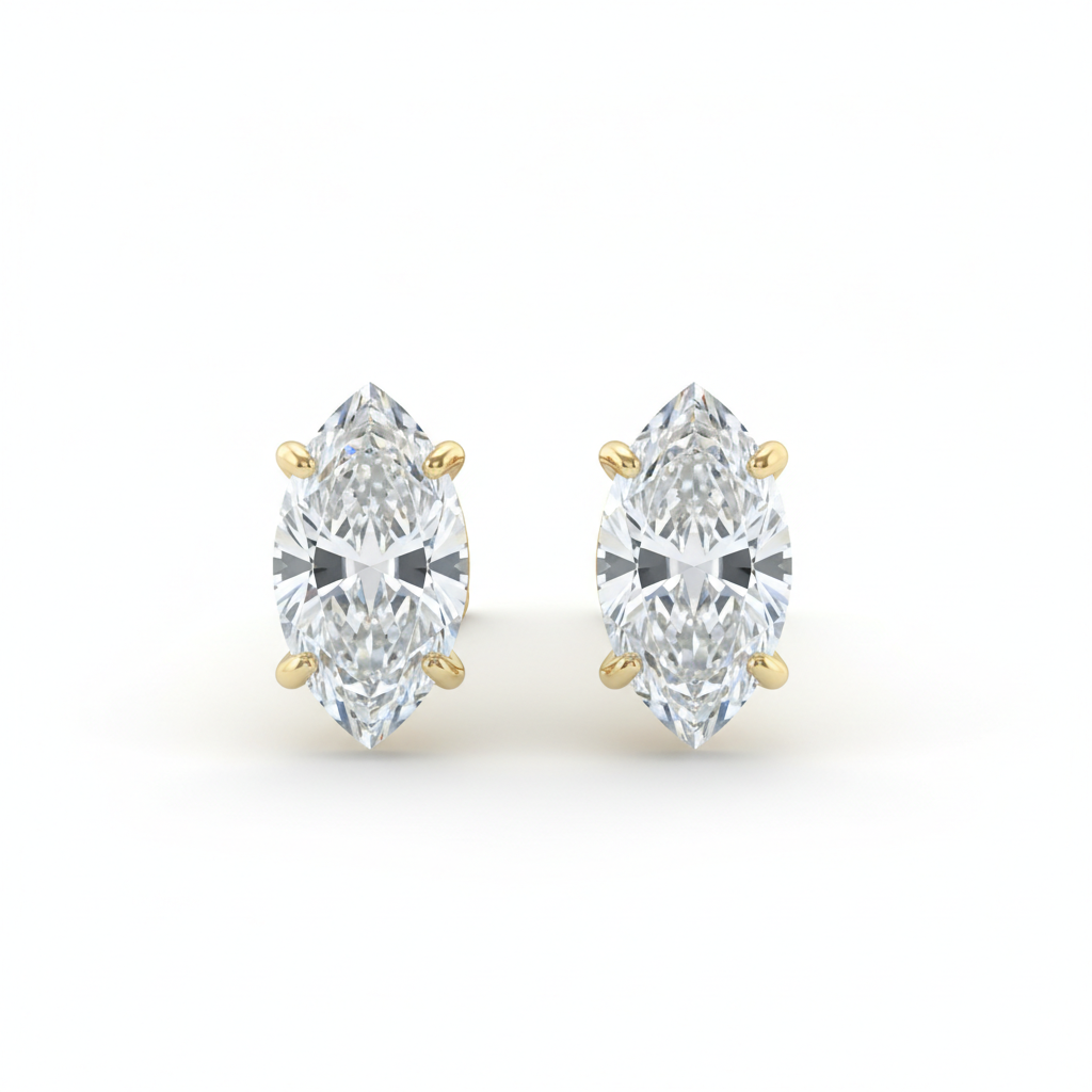 14K Solid Gold Marquise Cut Lab Grown Diamond Stud Earrings