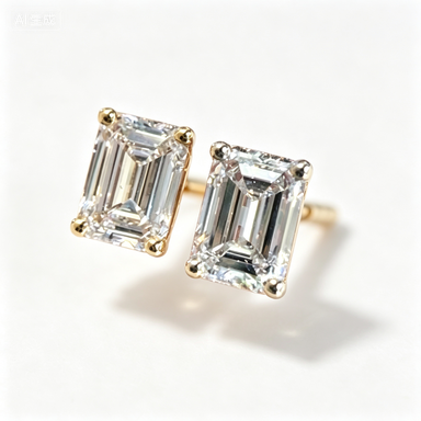 14K Solid Gold Emerald Cut Lab Grown Diamond Stud Earrings