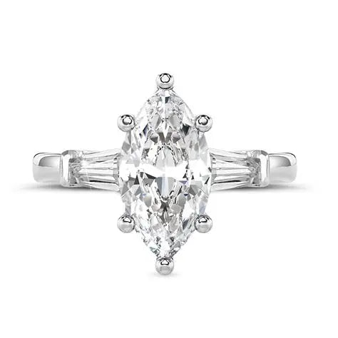 1 Carat Marquise Lab Diamond Ring 14K White Gold Baguette Side Stone Engagement Ring